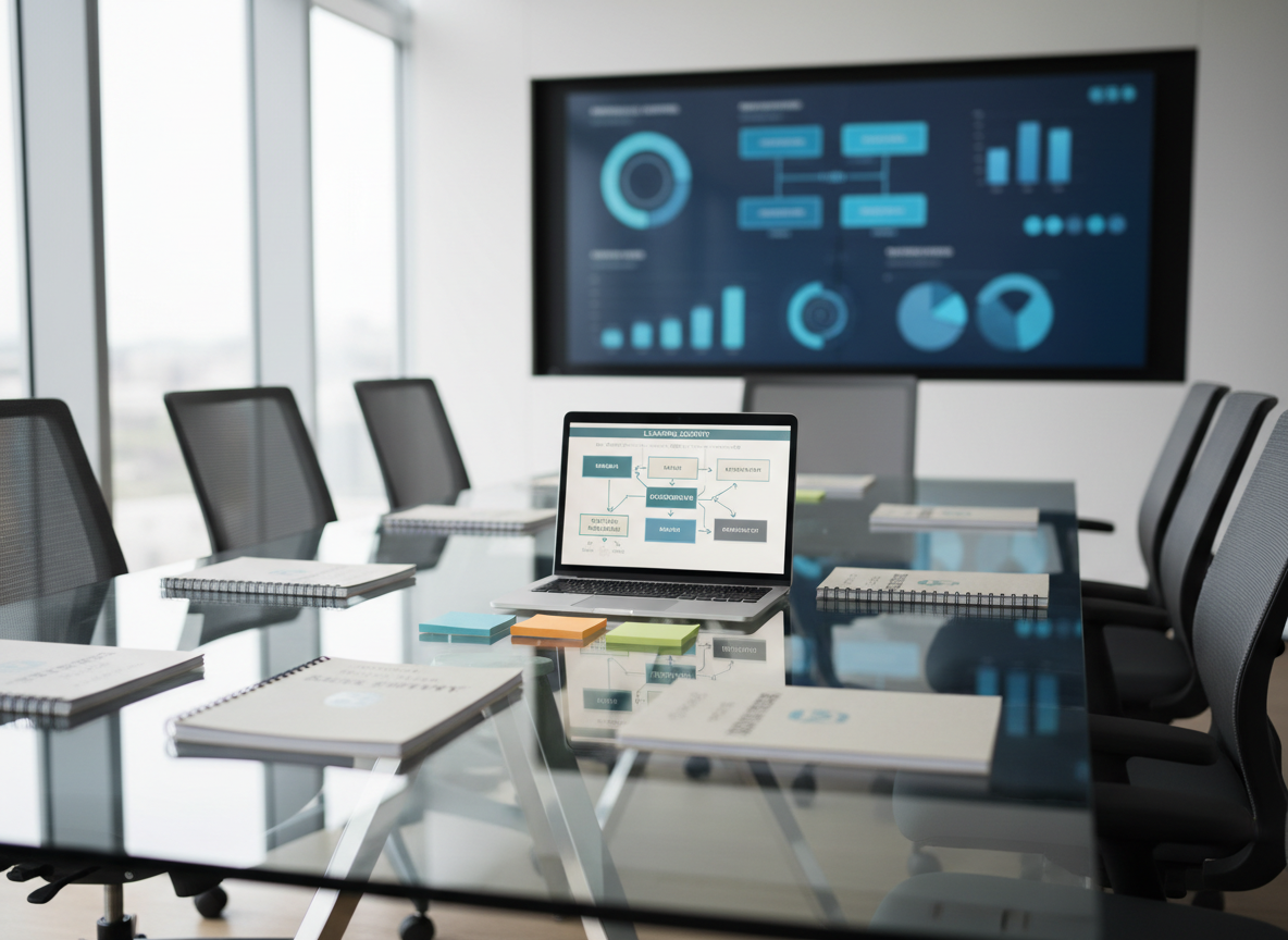A sleek glass conference table covered with neatly arranged training materials: spiral-bound workbooks with clean minimalist covers, color-coded sticky notes, and a silver laptop displaying a structured learning roadmap. Around the table, ergonomic chairs are pulled back slightly, suggesting recent collaborative work, while a large wall-mounted screen in the background shows a blurred dashboard of performance metrics and leadership competencies. Soft daylight filters through tall office windows, reflecting subtly off the glass tabletop and creating a calm, professional ambiance. Shot at eye level with photographic realism and a shallow depth of field that keeps the table in crisp focus while the modern corporate interior gently blurs into the background, emphasizing structured, science-based corporate development.