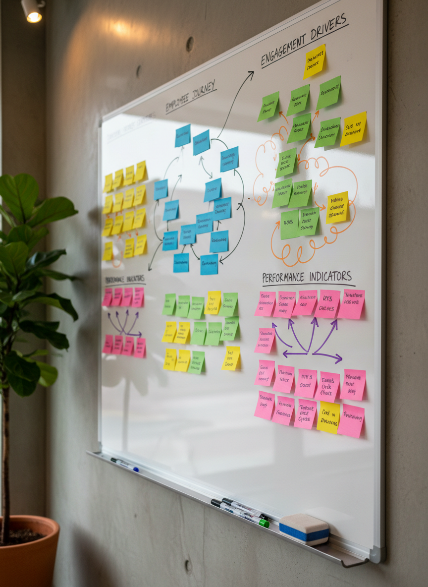 A large, wall-mounted whiteboard in a modern meeting room, completely covered with neatly organized clusters of colored sticky notes and hand-drawn diagrams mapping employee journey, engagement drivers, and performance indicators. At the base of the board, a slim metal ledge holds carefully aligned markers and a small eraser. The room features a subtle textured concrete wall and a single indoor plant in the corner, slightly out of focus. Warm, recessed ceiling lights combine with indirect daylight to create soft reflections on the whiteboard surface. Captured in photographic realism from a three-quarter angle with moderate depth of field, the composition feels dynamic yet orderly, reflecting interactive, experiential learning processes designed for organizational development.